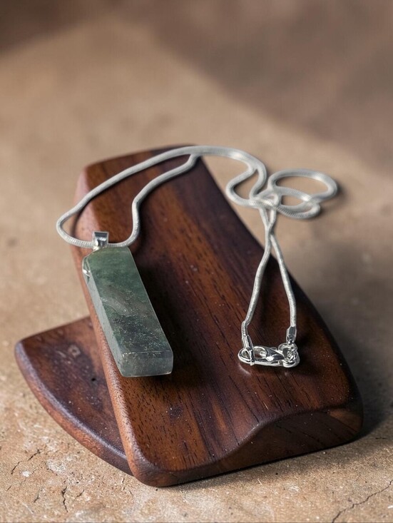 Jewelry - Silver Moss Agate Rectangular Pendant Necklace - Women Jewelry